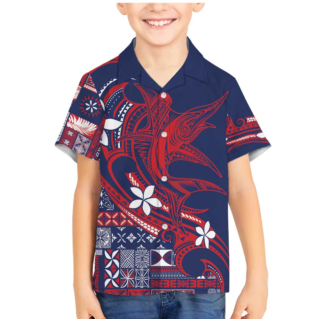 Samoa Manuia le Aso Tuto'atasi Family Matching Mermaid Dress and Hawaiian Shirt Siapo Mamanu Mix Tatau Marlin - Flag Color LT7 Son's Shirt Blue - Polynesian Pride