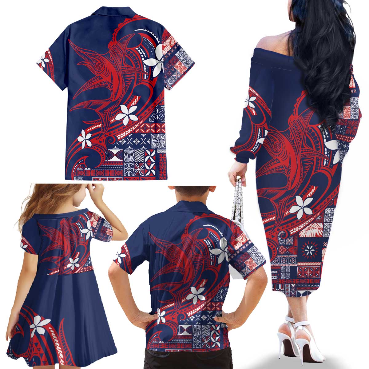 Samoa Manuia le Aso Tuto'atasi Family Matching Off The Shoulder Long Sleeve Dress and Hawaiian Shirt Siapo Mamanu Mix Tatau Marlin - Flag Color LT7 - Polynesian Pride