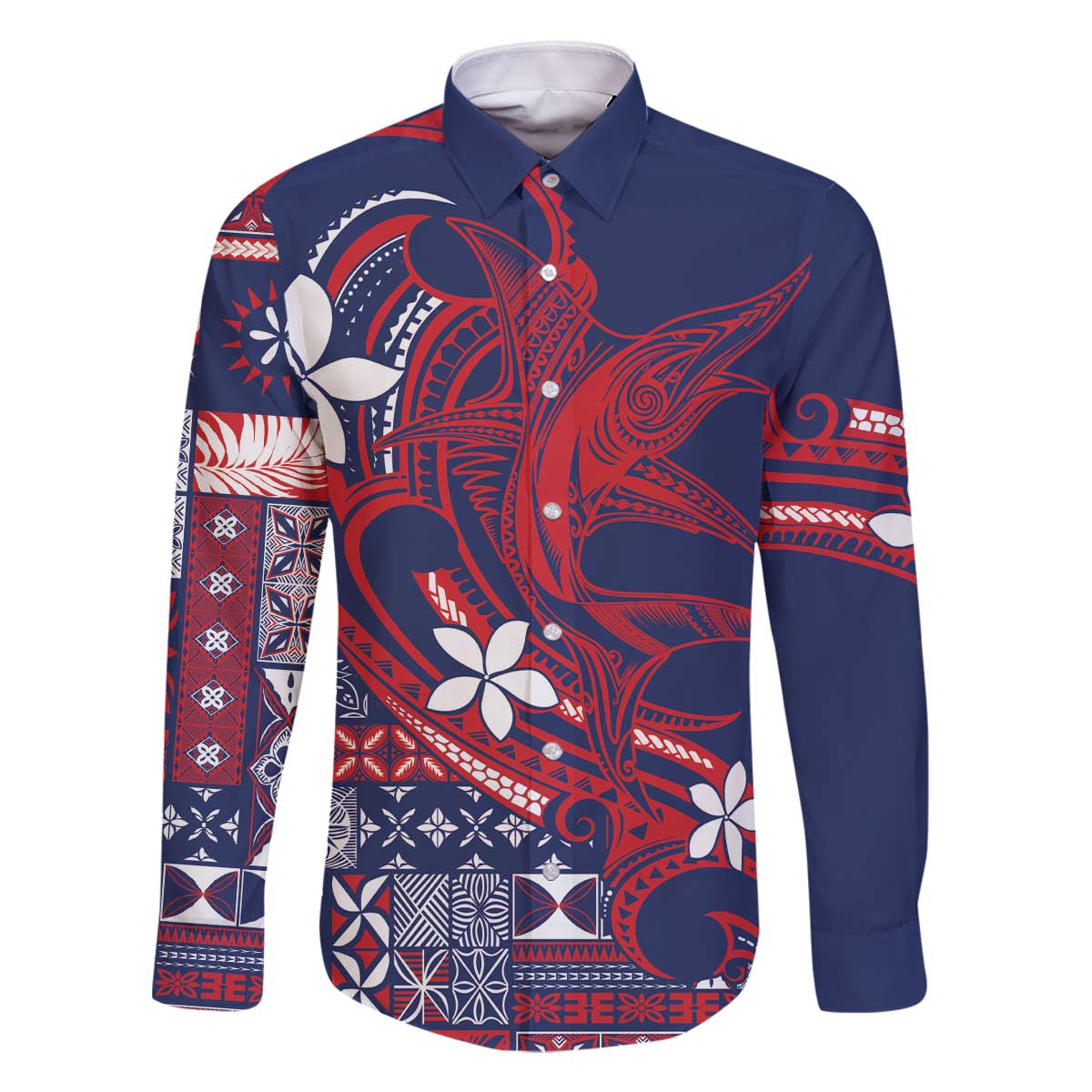 Samoa Manuia le Aso Tuto'atasi Family Matching Off The Shoulder Long Sleeve Dress and Hawaiian Shirt Siapo Mamanu Mix Tatau Marlin - Flag Color LT7 Dad's Shirt - Long Sleeve Blue - Polynesian Pride