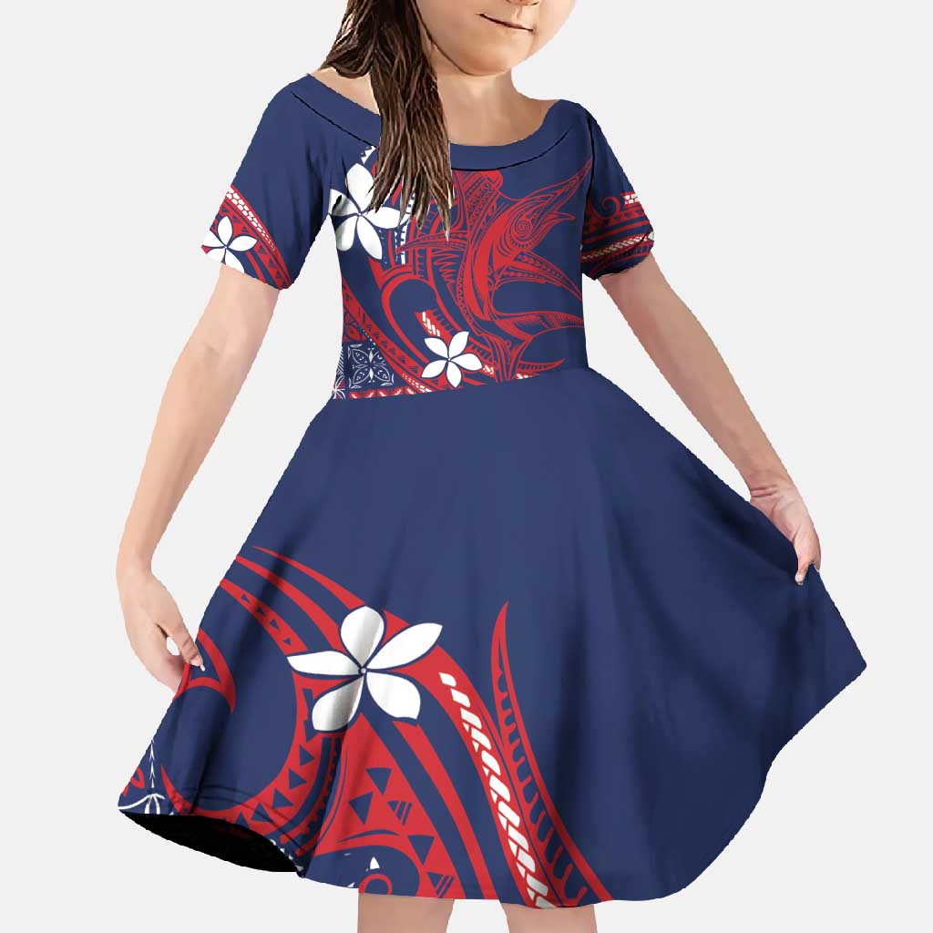 Samoa Manuia le Aso Tuto'atasi Family Matching Off Shoulder Maxi Dress and Hawaiian Shirt Siapo Mamanu Mix Tatau Marlin - Flag Color LT7 Daughter's Dress Blue - Polynesian Pride