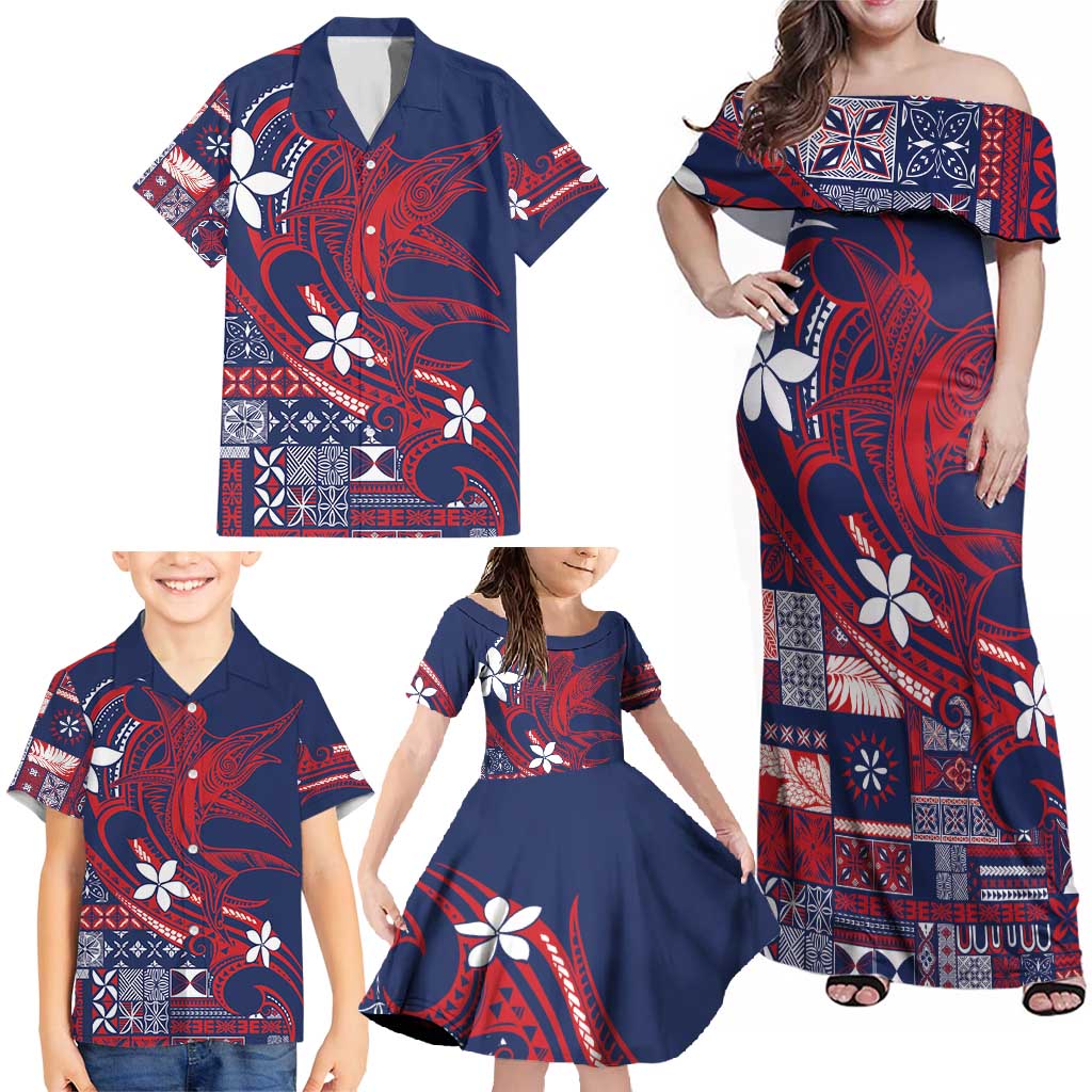 Samoa Manuia le Aso Tuto'atasi Family Matching Off Shoulder Maxi Dress and Hawaiian Shirt Siapo Mamanu Mix Tatau Marlin - Flag Color LT7 - Polynesian Pride
