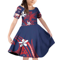 Samoa Manuia le Aso Tuto'atasi Family Matching Off Shoulder Short Dress and Hawaiian Shirt Siapo Mamanu Mix Tatau Marlin - Flag Color LT7 Daughter's Dress Blue - Polynesian Pride