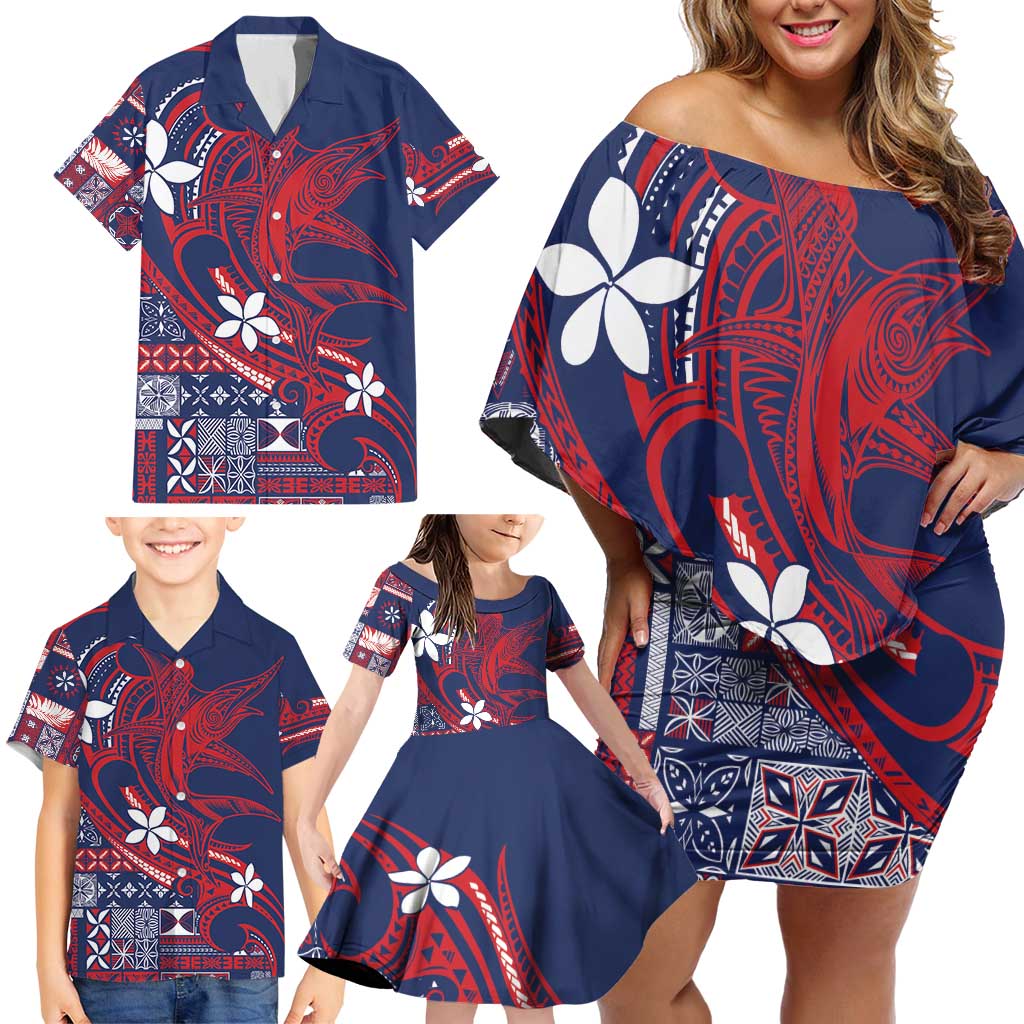 Samoa Manuia le Aso Tuto'atasi Family Matching Off Shoulder Short Dress and Hawaiian Shirt Siapo Mamanu Mix Tatau Marlin - Flag Color LT7 - Polynesian Pride