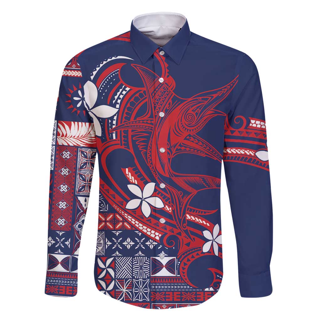 Samoa Manuia le Aso Tuto'atasi Family Matching Off Shoulder Short Dress and Hawaiian Shirt Siapo Mamanu Mix Tatau Marlin - Flag Color LT7 Dad's Shirt - Long Sleeve Blue - Polynesian Pride