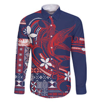 Samoa Manuia le Aso Tuto'atasi Family Matching Off Shoulder Short Dress and Hawaiian Shirt Siapo Mamanu Mix Tatau Marlin - Flag Color LT7 Dad's Shirt - Long Sleeve Blue - Polynesian Pride