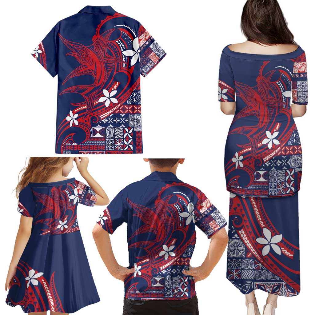 Samoa Manuia le Aso Tuto'atasi Family Matching Puletasi and Hawaiian Shirt Siapo Mamanu Mix Tatau Marlin - Flag Color LT7 - Polynesian Pride