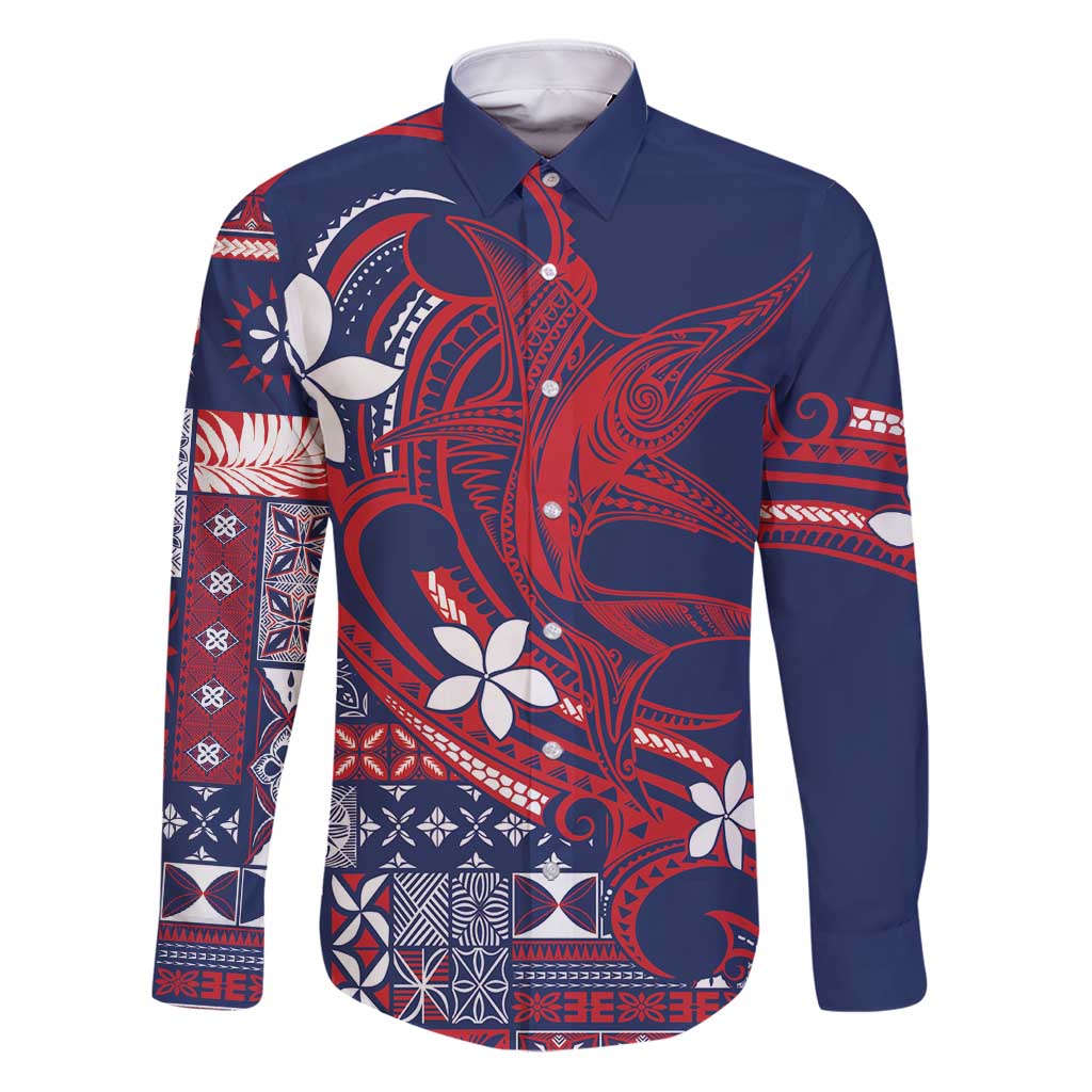 Samoa Manuia le Aso Tuto'atasi Family Matching Puletasi and Hawaiian Shirt Siapo Mamanu Mix Tatau Marlin - Flag Color LT7 Dad's Shirt - Long Sleeve Blue - Polynesian Pride
