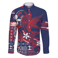Samoa Manuia le Aso Tuto'atasi Family Matching Puletasi and Hawaiian Shirt Siapo Mamanu Mix Tatau Marlin - Flag Color LT7 Dad's Shirt - Long Sleeve Blue - Polynesian Pride