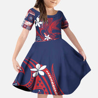 Samoa Manuia le Aso Tuto'atasi Family Matching Short Sleeve Bodycon Dress and Hawaiian Shirt Siapo Mamanu Mix Tatau Marlin - Flag Color LT7 Daughter's Dress Blue - Polynesian Pride