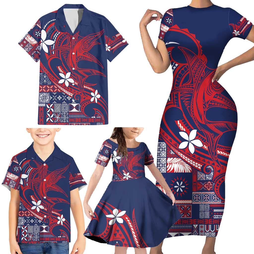 Samoa Manuia le Aso Tuto'atasi Family Matching Short Sleeve Bodycon Dress and Hawaiian Shirt Siapo Mamanu Mix Tatau Marlin - Flag Color