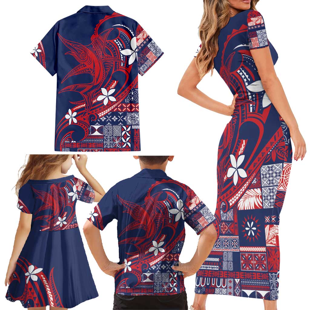 Samoa Manuia le Aso Tuto'atasi Family Matching Short Sleeve Bodycon Dress and Hawaiian Shirt Siapo Mamanu Mix Tatau Marlin - Flag Color LT7 - Polynesian Pride