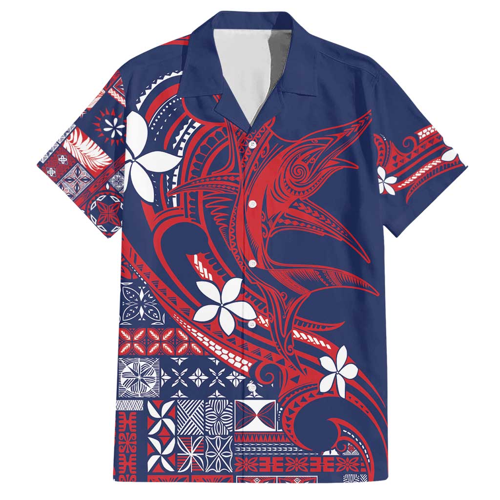 Samoa Manuia le Aso Tuto'atasi Family Matching Short Sleeve Bodycon Dress and Hawaiian Shirt Siapo Mamanu Mix Tatau Marlin - Flag Color LT7 Dad's Shirt - Short Sleeve Blue - Polynesian Pride