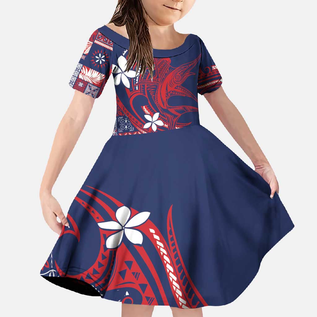 Samoa Manuia le Aso Tuto'atasi Family Matching Summer Maxi Dress and Hawaiian Shirt Siapo Mamanu Mix Tatau Marlin - Flag Color LT7 Daughter's Dress Blue - Polynesian Pride