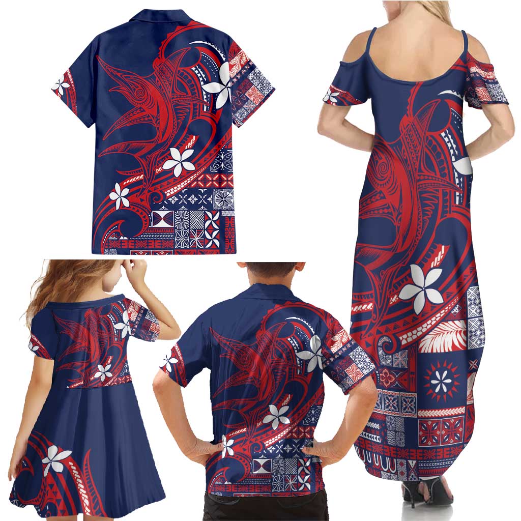 Samoa Manuia le Aso Tuto'atasi Family Matching Summer Maxi Dress and Hawaiian Shirt Siapo Mamanu Mix Tatau Marlin - Flag Color LT7 - Polynesian Pride