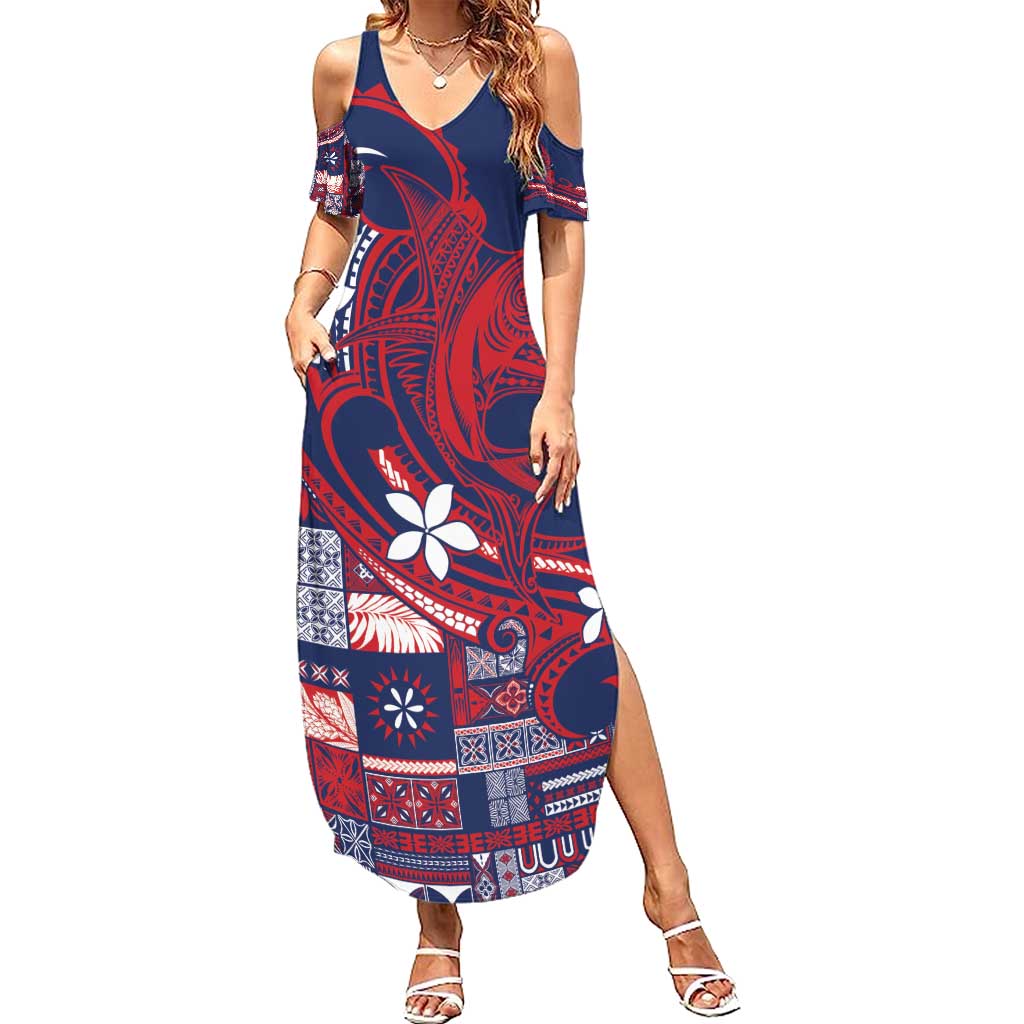 Samoa Manuia le Aso Tuto'atasi Family Matching Summer Maxi Dress and Hawaiian Shirt Siapo Mamanu Mix Tatau Marlin - Flag Color LT7 Mom's Dress Blue - Polynesian Pride