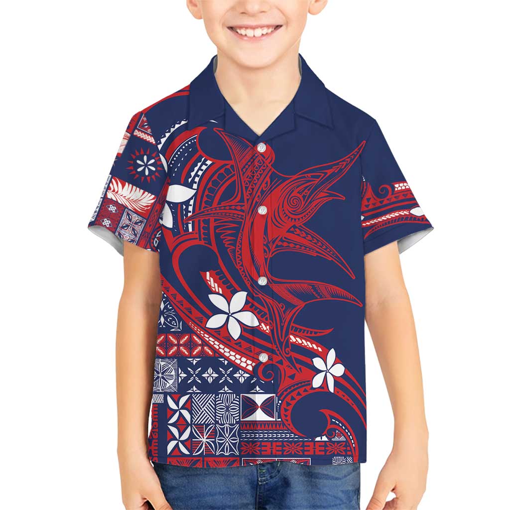 Samoa Manuia le Aso Tuto'atasi Family Matching Summer Maxi Dress and Hawaiian Shirt Siapo Mamanu Mix Tatau Marlin - Flag Color LT7 Son's Shirt Blue - Polynesian Pride