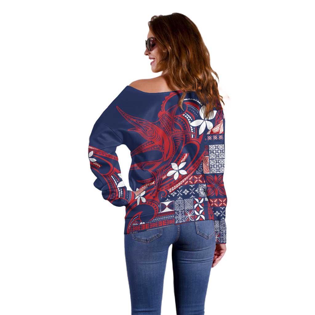 Samoa Manuia le Aso Tuto'atasi Off Shoulder Sweater Siapo Mamanu Mix Tatau Marlin - Flag Color