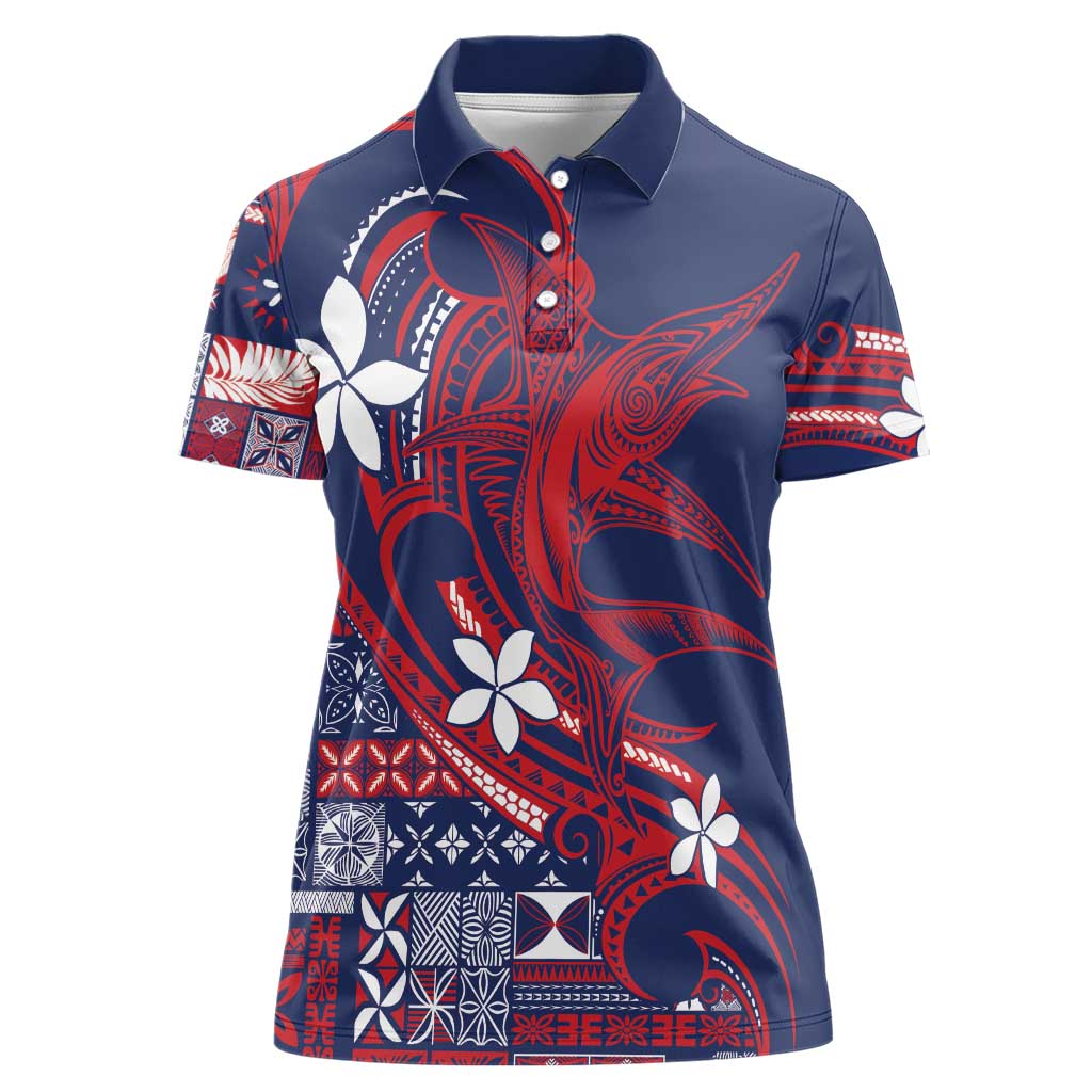 Samoa Manuia le Aso Tuto'atasi Women Polo Shirt Siapo Mamanu Mix Tatau Marlin - Flag Color LT7 Female Blue - Polynesian Pride