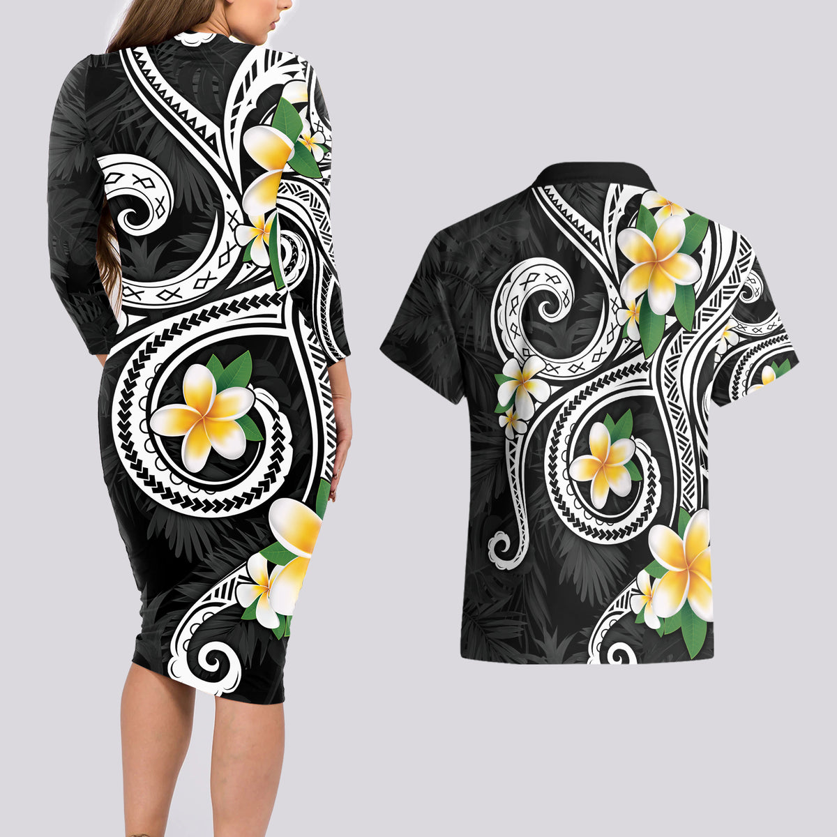 Kanaka Maoli Hawaii Plumeria Couples Matching Long Sleeve Bodycon Dress and Hawaiian Shirt Dancing Tentacles Black Style LT7 - Polynesian Pride