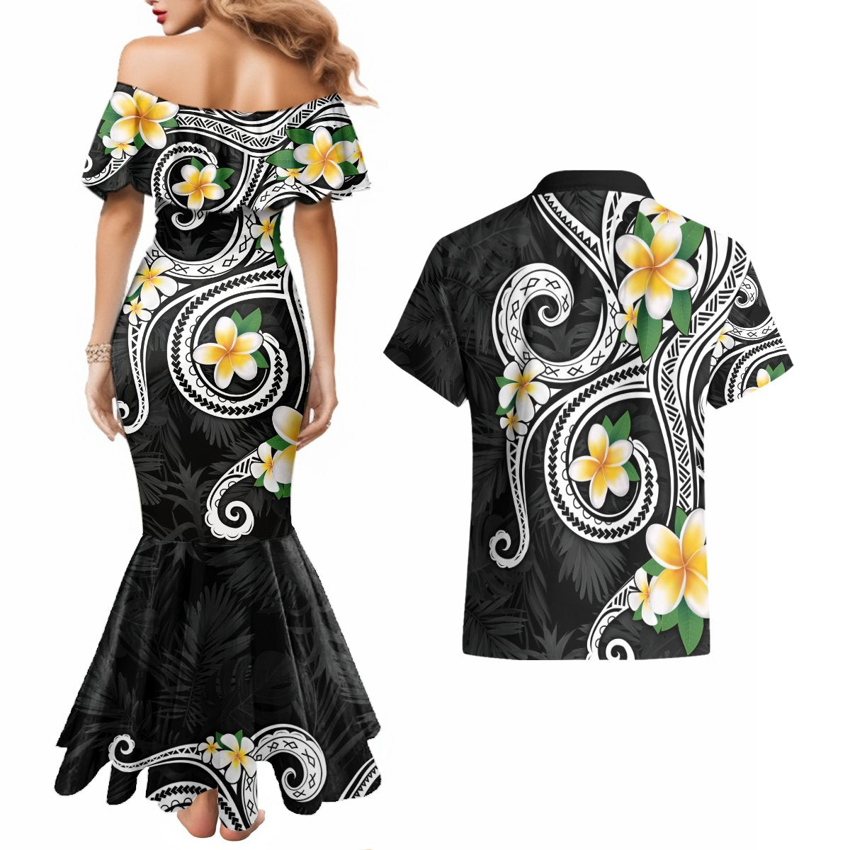 Kanaka Maoli Hawaii Plumeria Couples Matching Mermaid Dress and Hawaiian Shirt Dancing Tentacles Black Style LT7 - Polynesian Pride