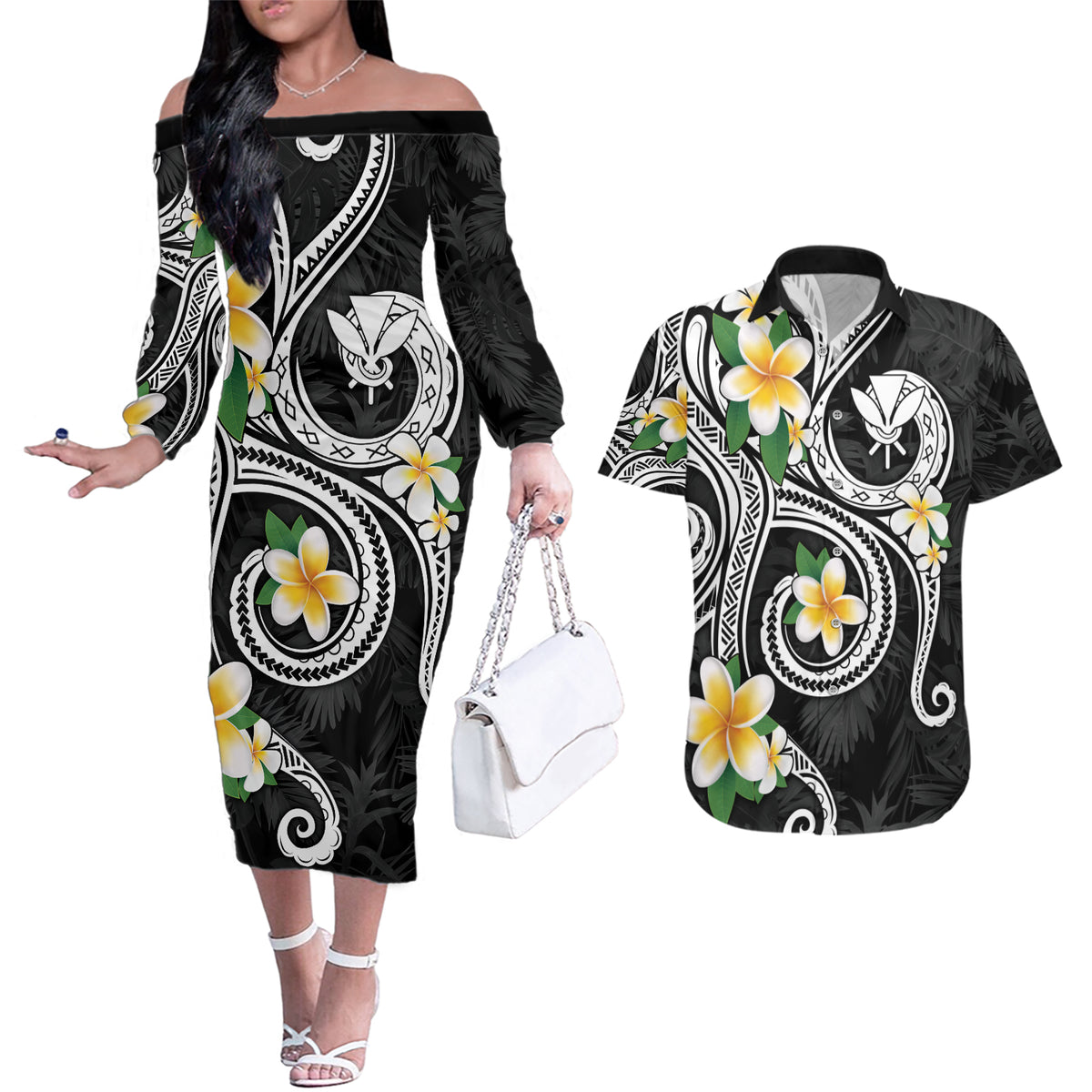 Kanaka Maoli Hawaii Plumeria Couples Matching Off The Shoulder Long Sleeve Dress and Hawaiian Shirt Dancing Tentacles Black Style LT7 Black - Polynesian Pride