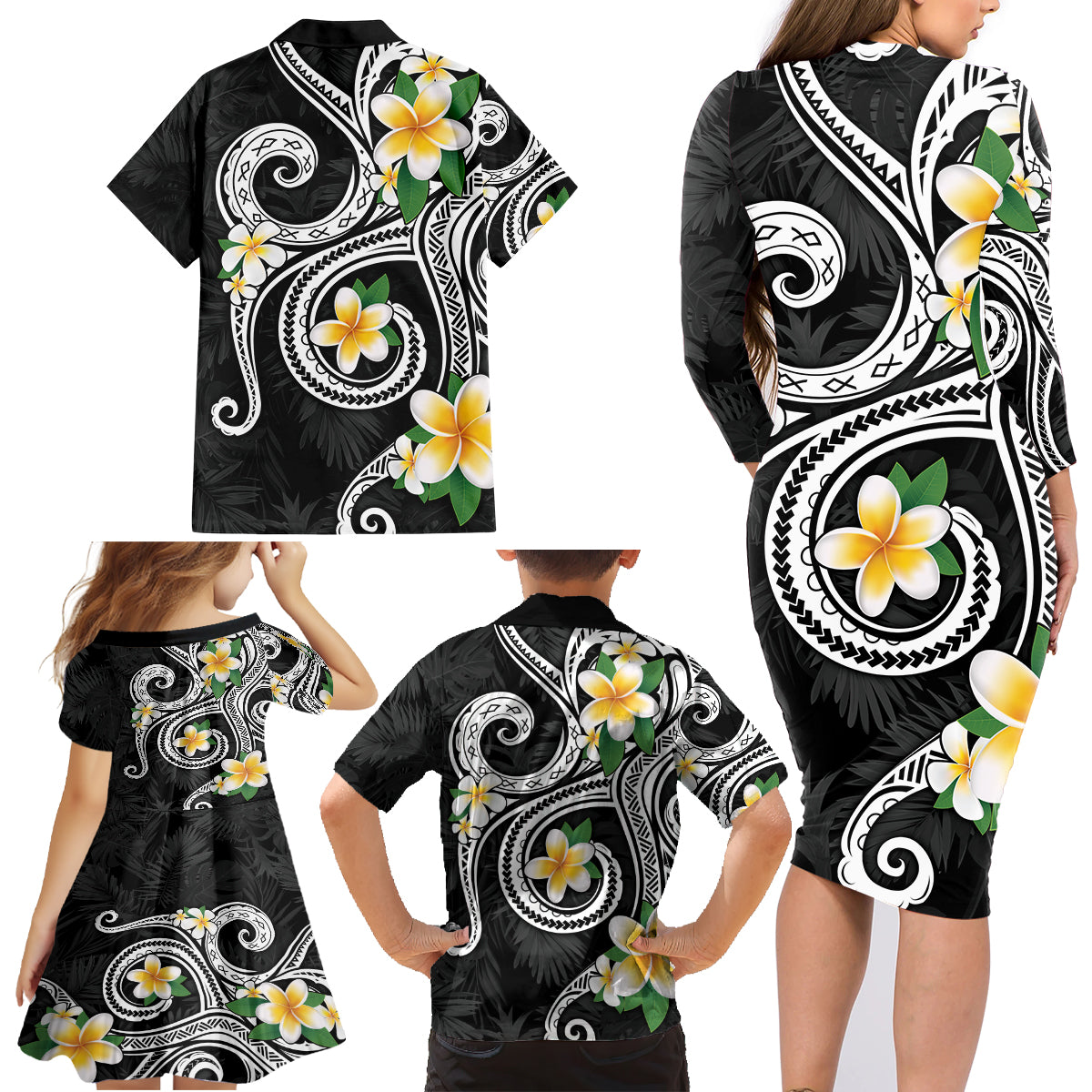 Kanaka Maoli Hawaii Plumeria Family Matching Long Sleeve Bodycon Dress and Hawaiian Shirt Dancing Tentacles Black Style LT7 - Polynesian Pride