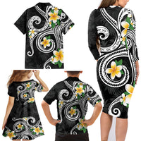 Kanaka Maoli Hawaii Plumeria Family Matching Long Sleeve Bodycon Dress and Hawaiian Shirt Dancing Tentacles Black Style LT7 - Polynesian Pride