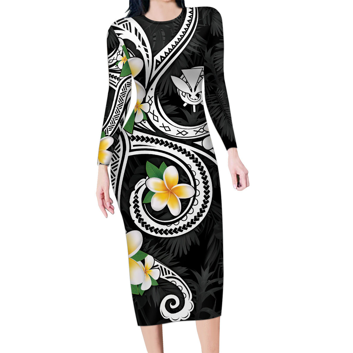Kanaka Maoli Hawaii Plumeria Family Matching Long Sleeve Bodycon Dress and Hawaiian Shirt Dancing Tentacles Black Style LT7 Mom's Dress Black - Polynesian Pride