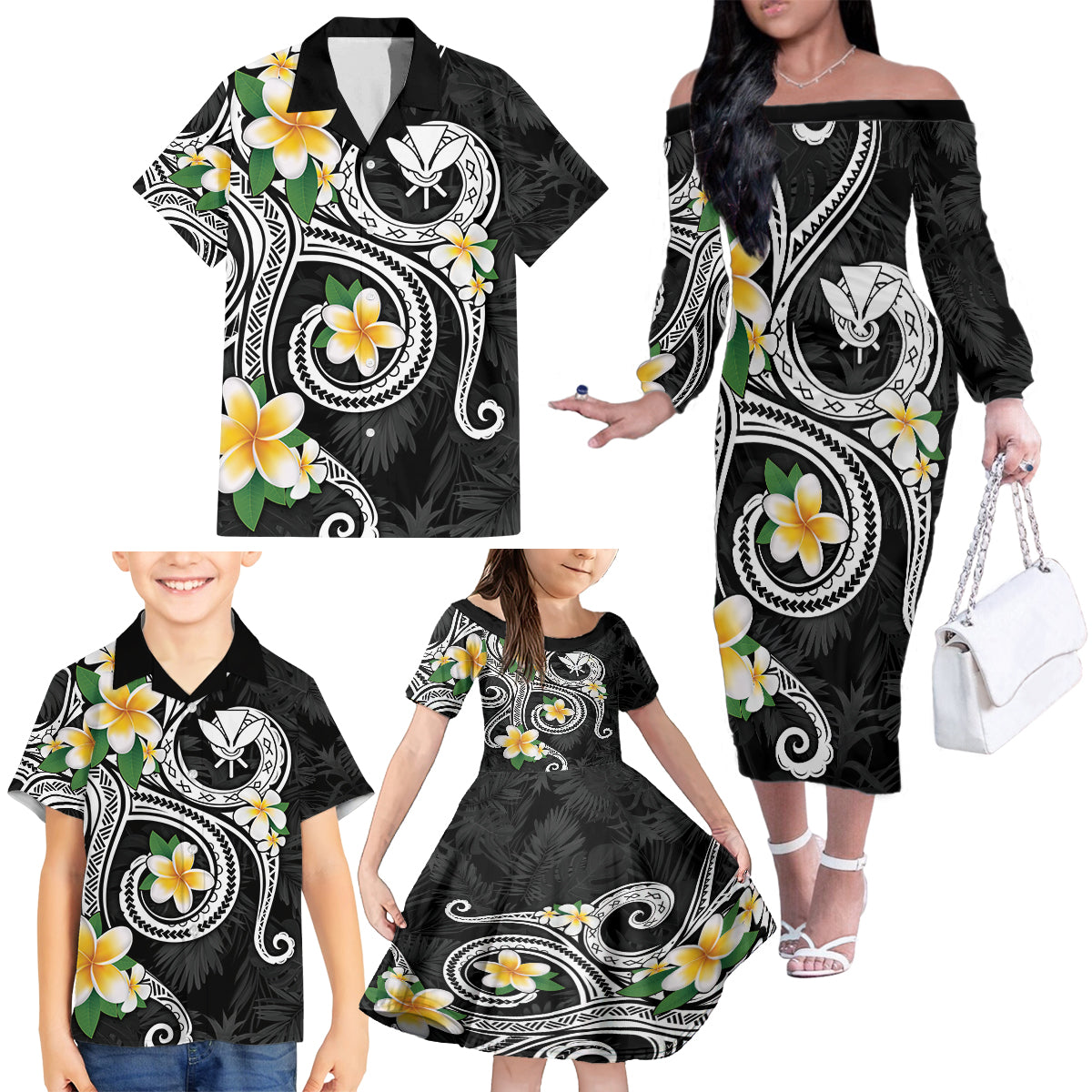 Kanaka Maoli Hawaii Plumeria Family Matching Off The Shoulder Long Sleeve Dress and Hawaiian Shirt Dancing Tentacles Black Style LT7 - Polynesian Pride