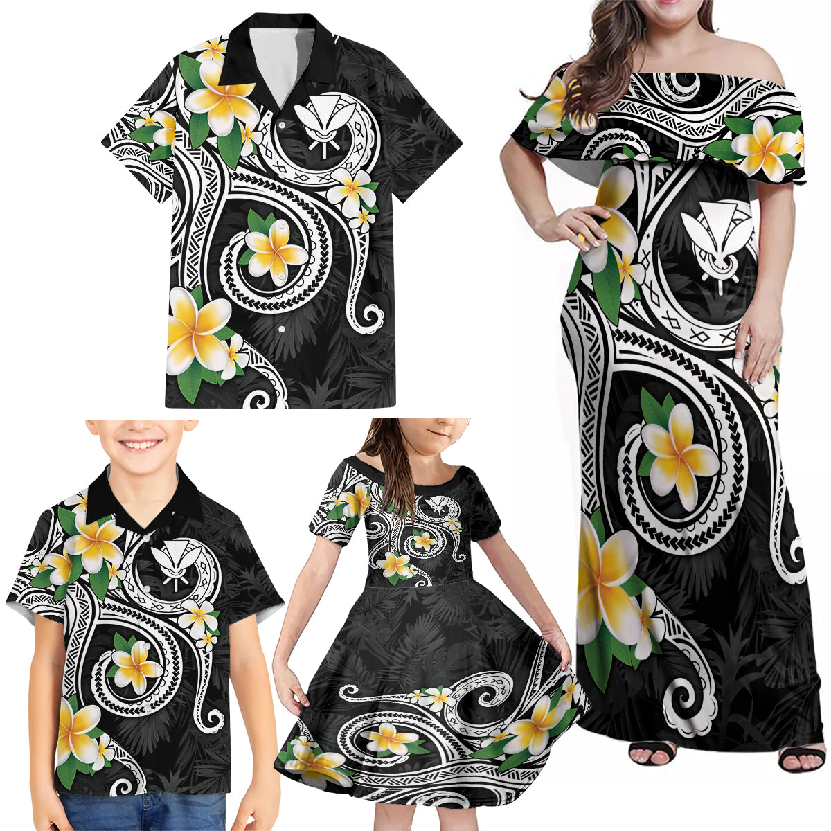 Kanaka Maoli Hawaii Plumeria Family Matching Off Shoulder Maxi Dress and Hawaiian Shirt Dancing Tentacles Black Style LT7 - Polynesian Pride