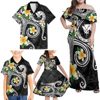 Kanaka Maoli Hawaii Plumeria Family Matching Off Shoulder Maxi Dress and Hawaiian Shirt Dancing Tentacles Black Style LT7 - Polynesian Pride