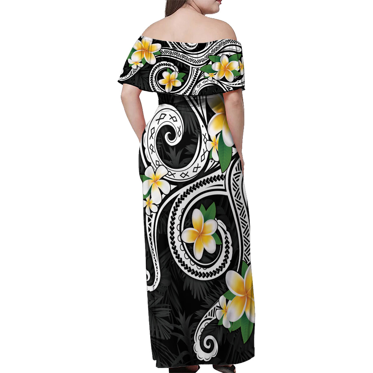 Kanaka Maoli Hawaii Plumeria Family Matching Off Shoulder Maxi Dress and Hawaiian Shirt Dancing Tentacles Black Style LT7 - Polynesian Pride