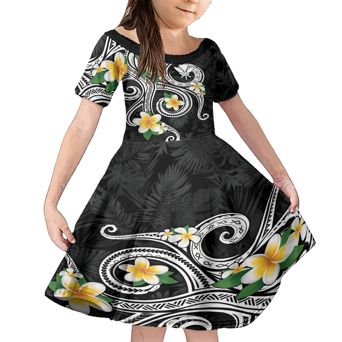 Kanaka Maoli Hawaii Plumeria Family Matching Off Shoulder Short Dress and Hawaiian Shirt Dancing Tentacles Black Style LT7 Daughter's Dress Black - Polynesian Pride