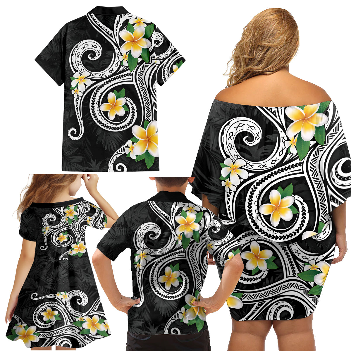 Kanaka Maoli Hawaii Plumeria Family Matching Off Shoulder Short Dress and Hawaiian Shirt Dancing Tentacles Black Style LT7 - Polynesian Pride