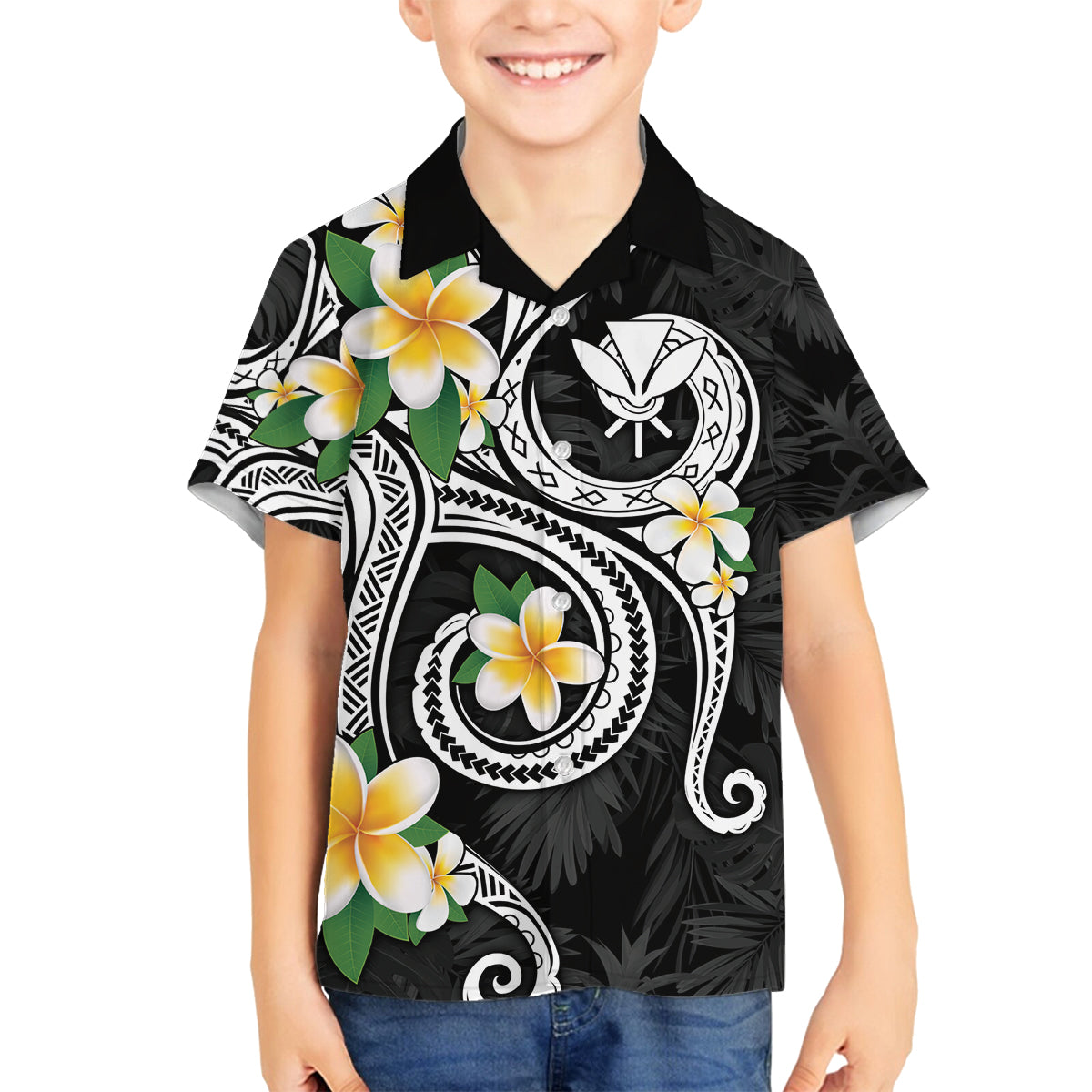 Kanaka Maoli Hawaii Plumeria Family Matching Off Shoulder Short Dress and Hawaiian Shirt Dancing Tentacles Black Style LT7 Son's Shirt Black - Polynesian Pride