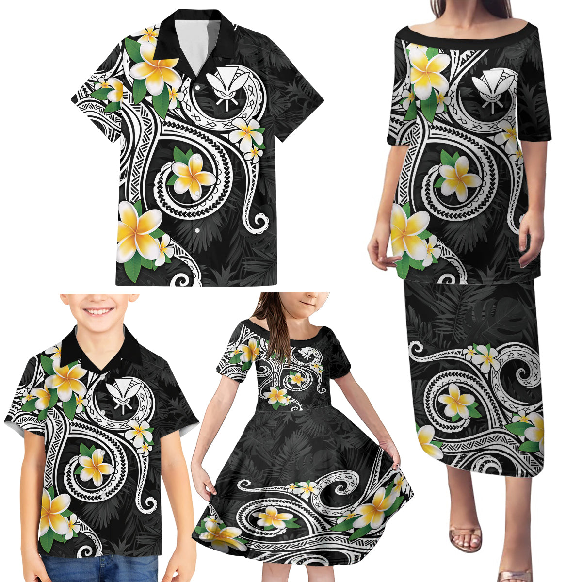 Kanaka Maoli Hawaii Plumeria Family Matching Puletasi and Hawaiian Shirt Dancing Tentacles Black Style LT7 - Polynesian Pride