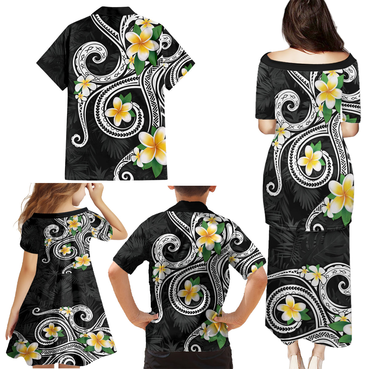Kanaka Maoli Hawaii Plumeria Family Matching Puletasi and Hawaiian Shirt Dancing Tentacles Black Style LT7 - Polynesian Pride