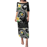 Kanaka Maoli Hawaii Plumeria Family Matching Puletasi and Hawaiian Shirt Dancing Tentacles Black Style LT7 Mom's Dress Black - Polynesian Pride
