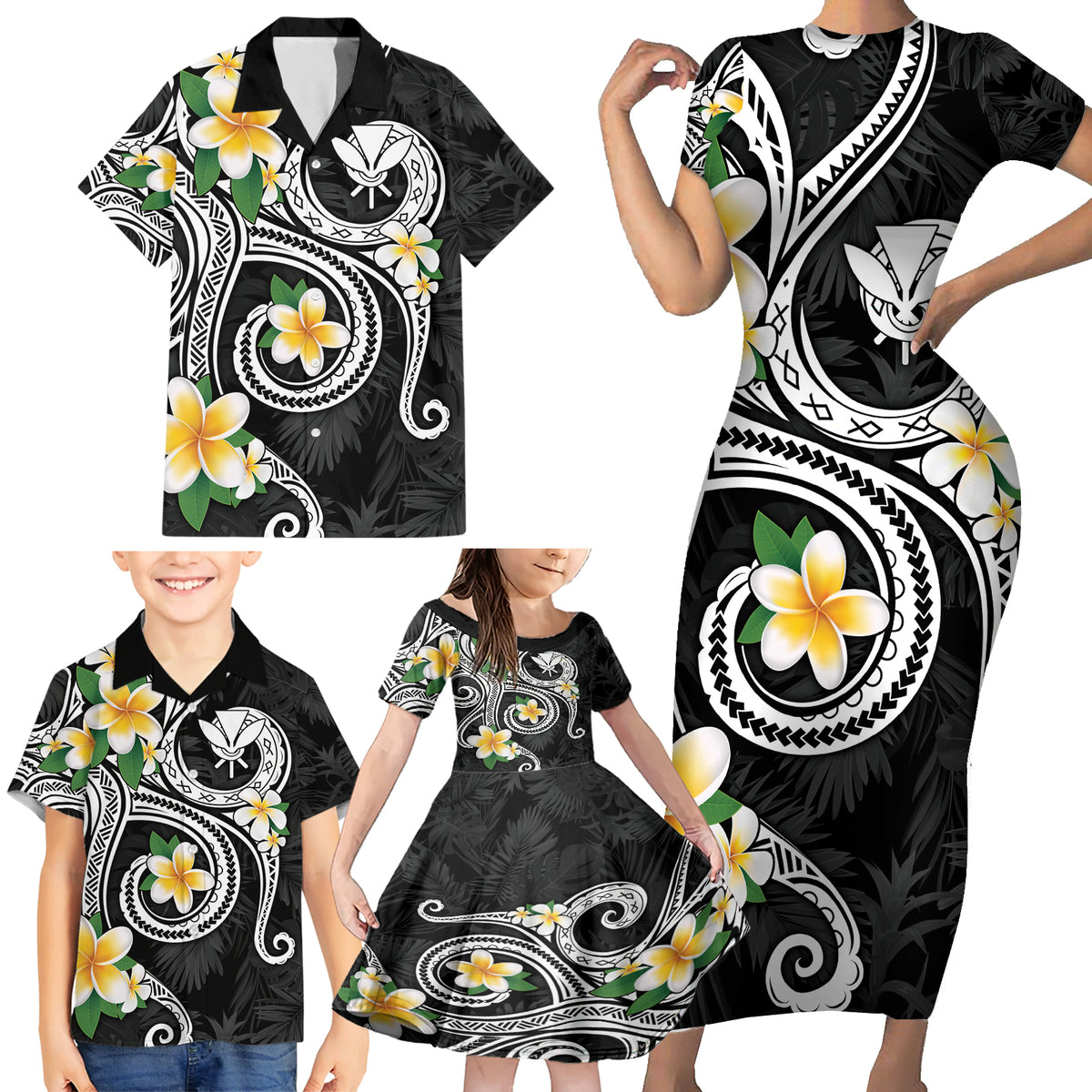 Kanaka Maoli Hawaii Plumeria Family Matching Short Sleeve Bodycon Dress and Hawaiian Shirt Dancing Tentacles Black Style LT7 - Polynesian Pride