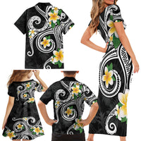 Kanaka Maoli Hawaii Plumeria Family Matching Short Sleeve Bodycon Dress and Hawaiian Shirt Dancing Tentacles Black Style LT7 - Polynesian Pride