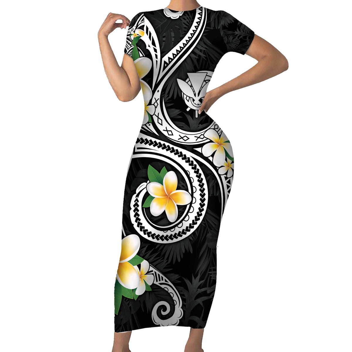 Kanaka Maoli Hawaii Plumeria Family Matching Short Sleeve Bodycon Dress and Hawaiian Shirt Dancing Tentacles Black Style LT7 Mom's Dress Black - Polynesian Pride