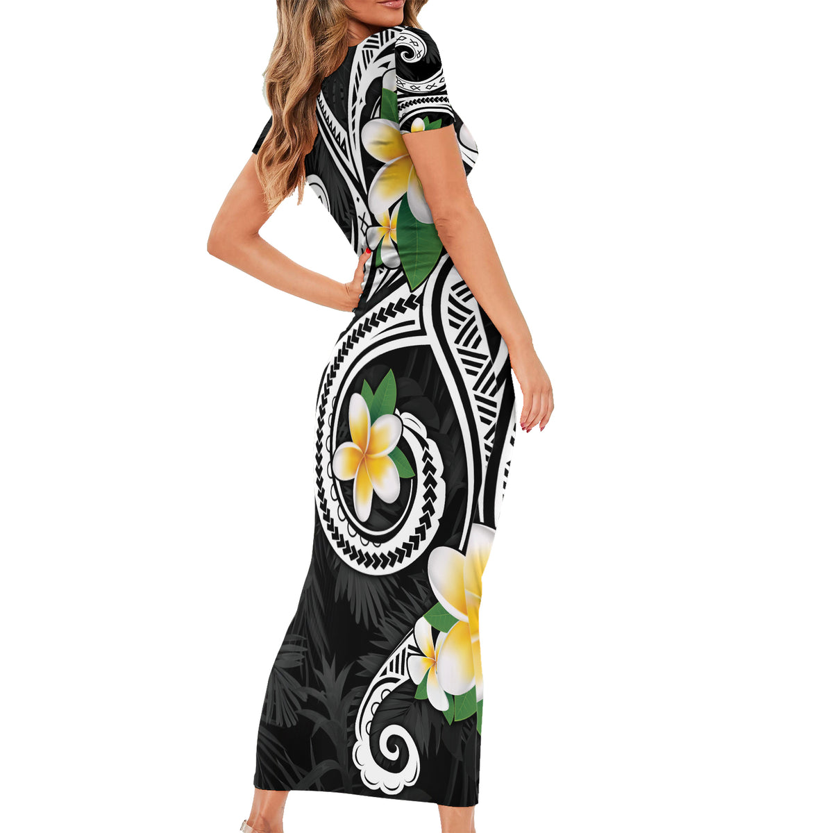 Kanaka Maoli Hawaii Plumeria Family Matching Short Sleeve Bodycon Dress and Hawaiian Shirt Dancing Tentacles Black Style LT7 - Polynesian Pride