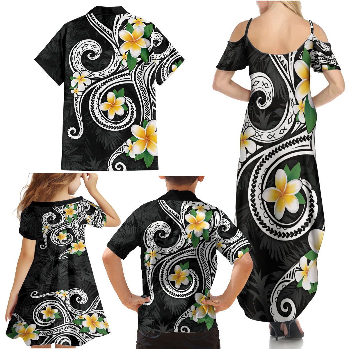Kanaka Maoli Hawaii Plumeria Family Matching Summer Maxi Dress and Hawaiian Shirt Dancing Tentacles Black Style LT7 - Polynesian Pride