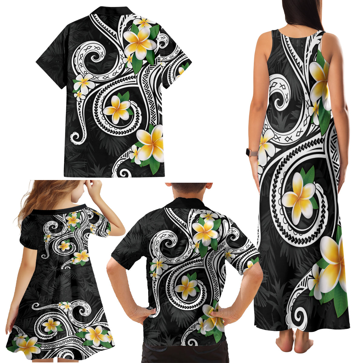 Kanaka Maoli Hawaii Plumeria Family Matching Tank Maxi Dress and Hawaiian Shirt Dancing Tentacles Black Style LT7 - Polynesian Pride
