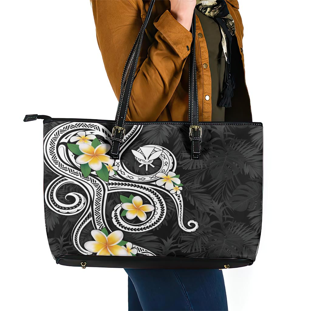 Kanaka Maoli Hawaii Plumeria Leather Tote Bag Dancing Tentacles Black Style LT7 - Polynesian Pride