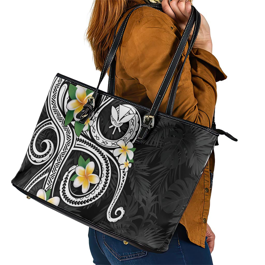 Kanaka Maoli Hawaii Plumeria Leather Tote Bag Dancing Tentacles Black Style LT7 - Polynesian Pride