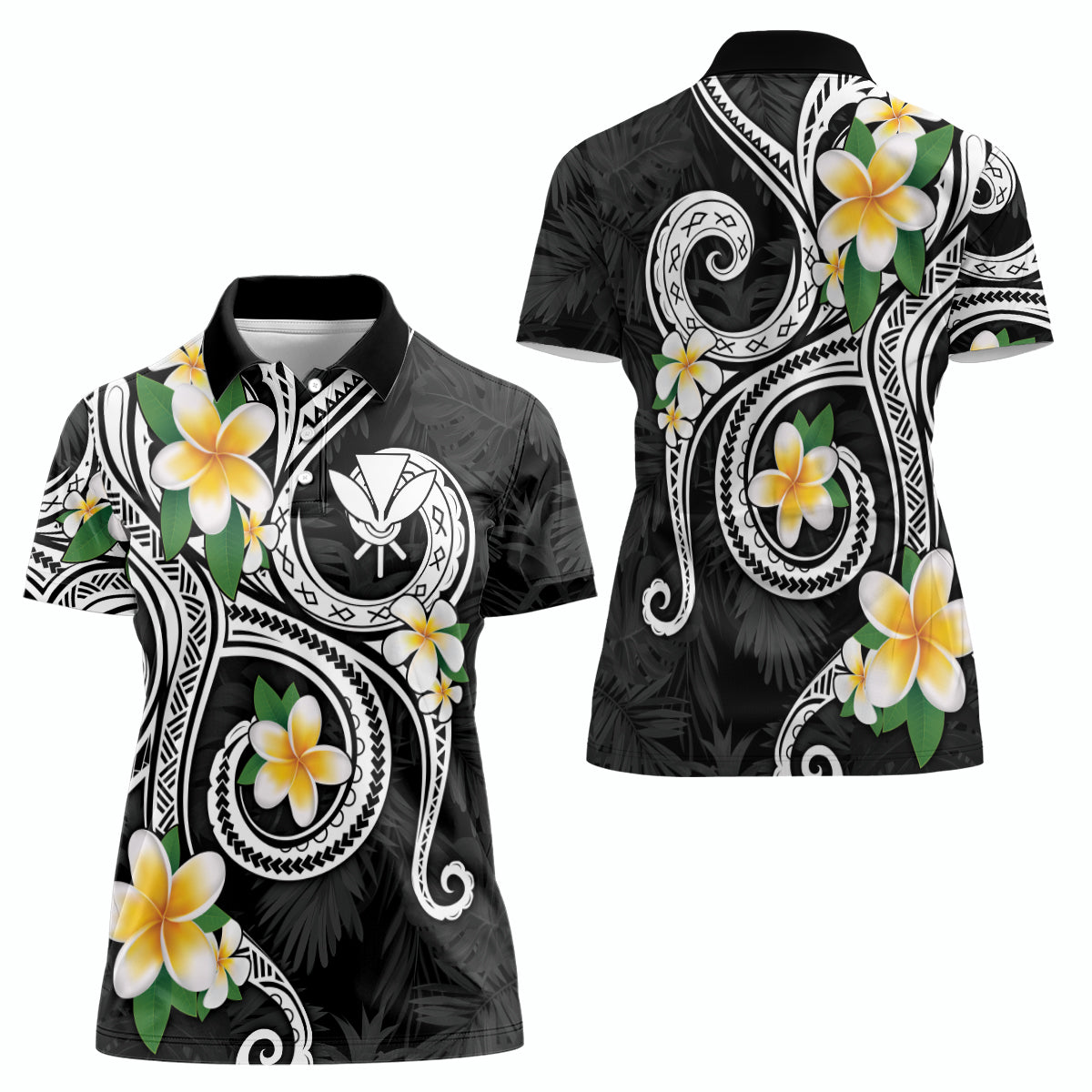 Kanaka Maoli Hawaii Plumeria Women Polo Shirt Dancing Tentacles Black Style LT7 - Polynesian Pride