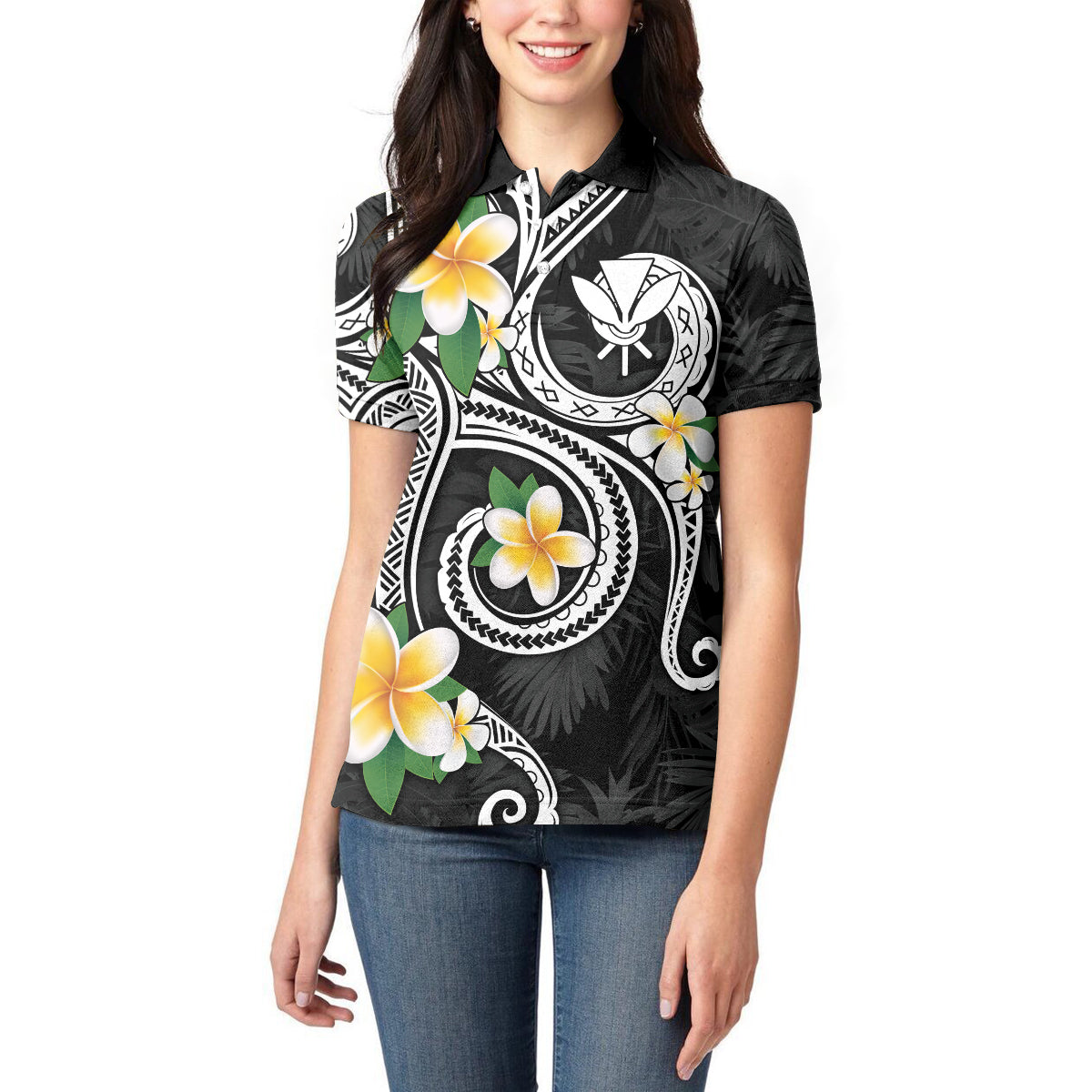 Kanaka Maoli Hawaii Plumeria Women Polo Shirt Dancing Tentacles Black Style LT7 - Polynesian Pride