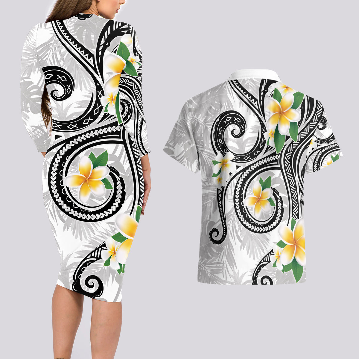 Kanaka Maoli Hawaii Plumeria Couples Matching Long Sleeve Bodycon Dress and Hawaiian Shirt Dancing Tentacles White Style LT7 - Polynesian Pride