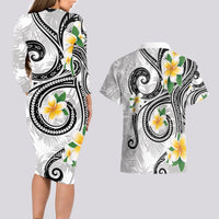 Kanaka Maoli Hawaii Plumeria Couples Matching Long Sleeve Bodycon Dress and Hawaiian Shirt Dancing Tentacles White Style LT7 - Polynesian Pride